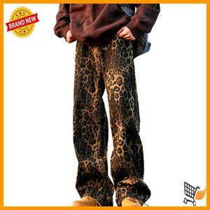 Stretchy Leopard Print Wide Leg Jeans Oversized Baggy Streetwear Y2K